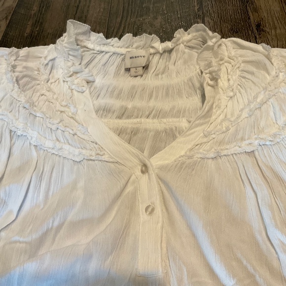 EUC, Maeve by Anthropologie, White short sleeve Ruffle Yoke Blouse, Size Small - Picture 3 of 6